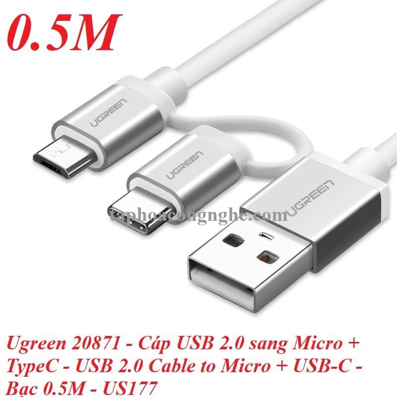 Ugreen 20871 0.5M màu trắng Dây USB 2.0 sang Type-C đầu nhôm US177 30020871